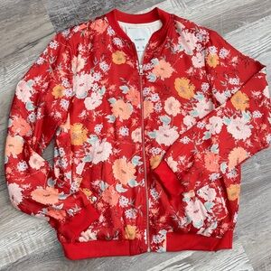 Pull&Bear Floral Bomber Jacket Women’s Red Zip Lightweight Spring Layer